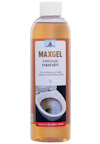 Flaska med orange vätska, etiketttext: "MAXGEL SYREVASK SYRATVÄTT". Bild på en toalettstol.
