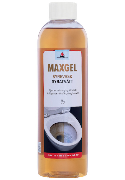 Flaska med orange vätska, etiketttext: "MAXGEL SYREVASK SYRATVÄTT". Bild på en toalettstol.
