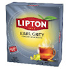 Förpackning av Lipton Earl Grey te med citronskiva och rykande tekopp, 100 påsars förpackning.