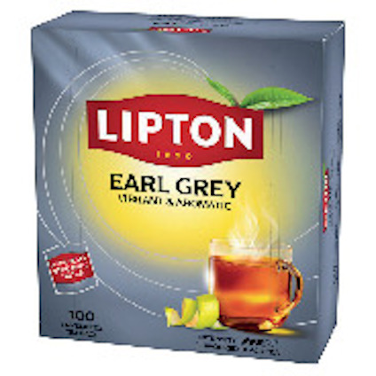 Förpackning av Lipton Earl Grey te med citronskiva och rykande tekopp, 100 påsars förpackning.