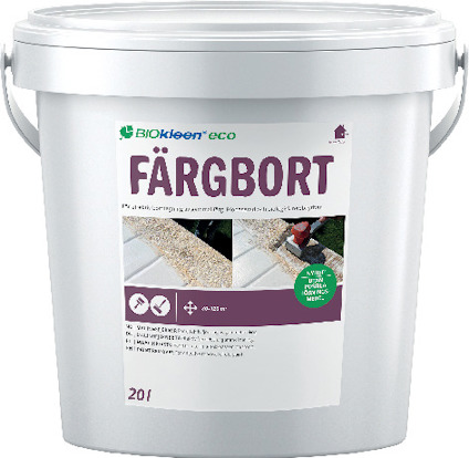 Vit hink med texten "FÄRGBORT" från Biokleen eco, 20 liter för färgborttagning.