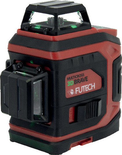 Röd och svart laserinstrument med texten "MULTICROSS 3D BRAVE FUTECH" och flera gröna linser för mätning.