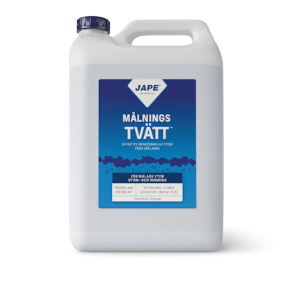 Plastdunk med blå etikett, märkt "MÅLNINGSTVÄTT", "JAPE" och instruktioner på svenska.