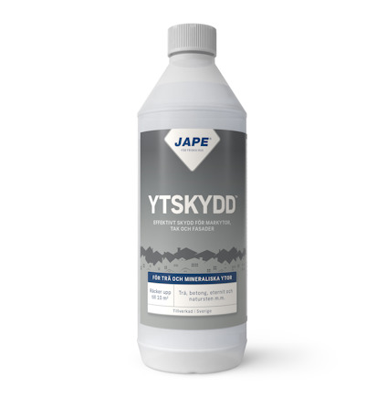 Flaska med grön vätska och etikett: "YTSKYDD - Skydd för alla ytor". Märken "REDO" och "JAPE".