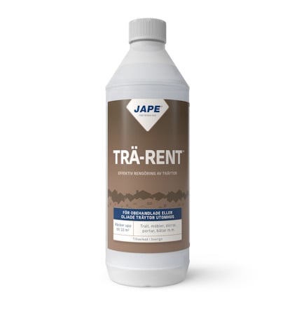 Flaska med etikett "Redo Trä-Rent" och logotyp, från varumärket Jape. Skruvkork i svart.