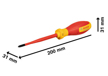 Röd och gul isolerad skruvmejsel med Philips-spets och Bosch-logotyp. Mått: 31 mm, 31 mm, 200 mm.