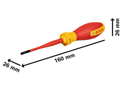 Skruvmejsel med rött och gult handtag. Märkt med "BOSCH". Längd: 160 mm, bredd: 26 mm, höjd: 26 mm.