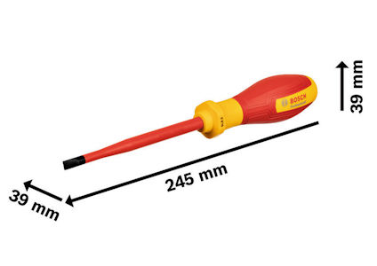 Skruvmejsel med rött och gult handtag, 245 mm lång och 39 mm bred. Text "BOSCH" på handtaget.