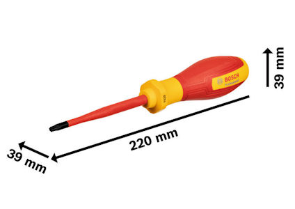 Skruvmejsel med röd-gult, isolerat handtag. Texten "BOSCH" och märkningen "1000V". Mått: 220 mm längd, 39 mm bredd.