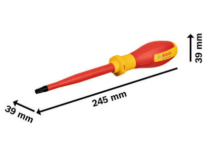 Röd och gul isolerad skruvmejsel med märket "Bosch". Längd: 245 mm, bredd: 39 mm.