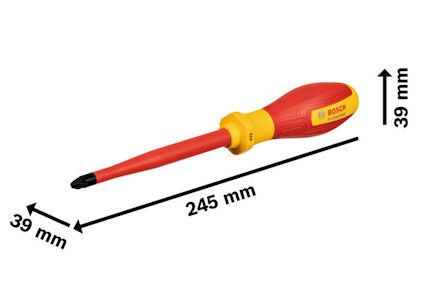 Skruvmejsel med rött och gult handtag, märkning "BOSCH", längd 245 mm, bladlängd 39 mm.