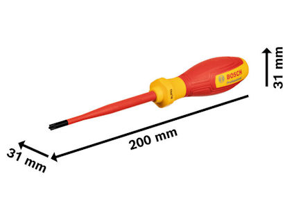 Skruvmejsel från Bosch med röd och gul design, längd 200 mm, bredd 31 mm och handtagshöjd 31 mm.