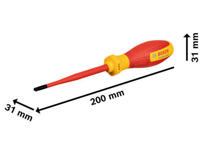 Skruvmejsel med rött och gult handtag, märkt "BOSCH". Mått: 200 mm längd, 31 mm bredd och höjd.