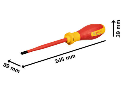Skruvmejsel med rött skaft och gult handtag. Längd 245 mm, bredd 39 mm. Märkt "Bosch".