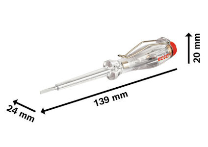Isolerad skruvmejsel med genomskinligt handtag, märkning "Bosch", och avståndsangivelser: 24 mm, 139 mm, 20 mm.