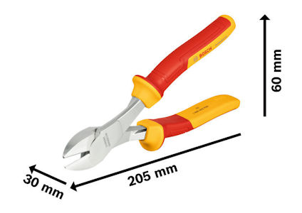 Tång med röda och gula handtag, mätt till 205 mm lång, 30 mm bred och 60 mm hög.