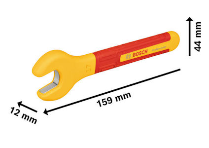 Gul och röd Bosch Professional skiftnyckel med dimensioner markerade: 159 mm lång, 12 mm bred, 44 mm hög.
