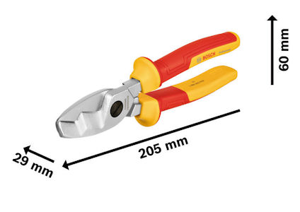 Röd och gul tång med måtten 29 mm x 60 mm x 205 mm. Bosch-logotyp synlig på handtaget.