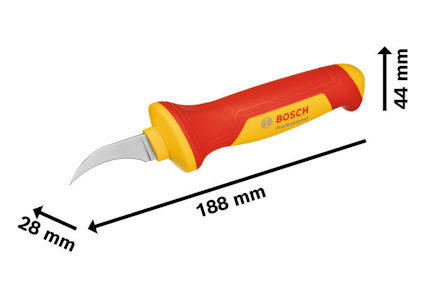 Rödrött och gult handverktyg med böjt blad, märkt Bosch Professional. Mått: 188 mm, 44 mm, 28 mm.