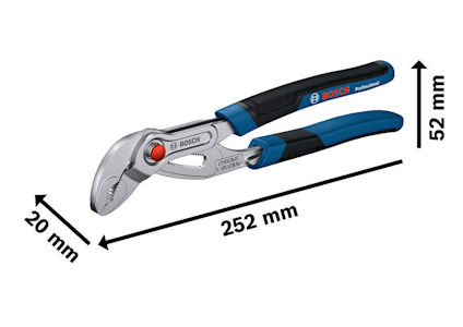 Tång med blå och svarta handtag, längd 252 mm, höjd 52 mm, bredd 20 mm, text "Bosch Professional".