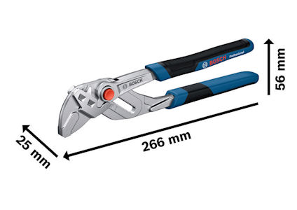 Justerbar tång med blå och svarta handtag, märke Bosch. Mått: 266 mm längd, 56 mm höjd, 25 mm bredd.