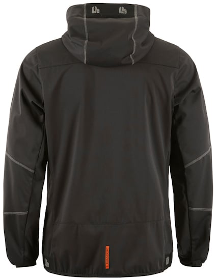 Svart jacka med huva, synlig sömmar och orange detalj på ryggens nederdel.