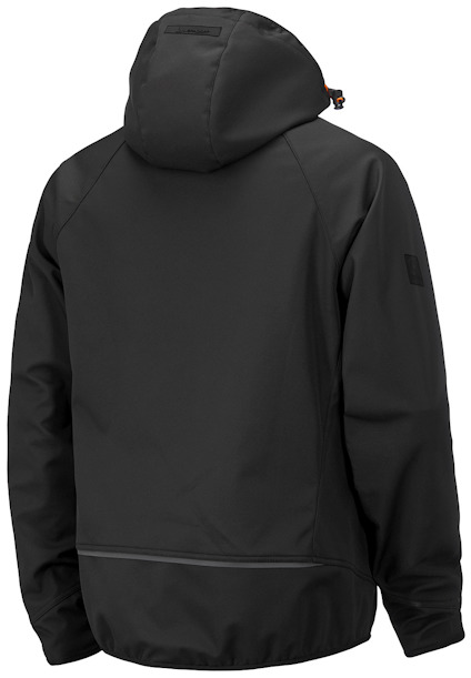 Svart jacka med huva, sedd bakifrån. Enfärgad design utan synliga detaljer.