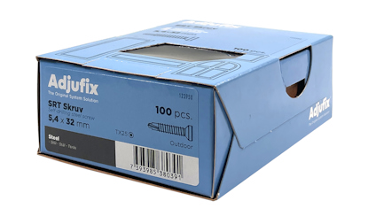 Blå kartong med märket "Adjufix", innehållande 100 skruvar, 5,4 x 32 mm, av stål för utomhusbruk, streckkod synlig.