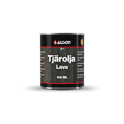 Burk med Tjärolja Lava från Auson, 100 ml, med svart etikett och text på flera språk.