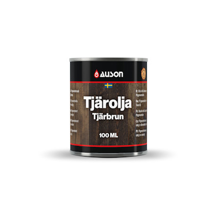 Auson tjärolja burk, tjärbrun färg, 100 ml. Texter på svenska och engelska visas på etiketten.