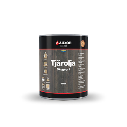 Tjärtub med etiketttext "Auson Tjärolja Skogsgrå 1 liter" och symboler för träskydd.