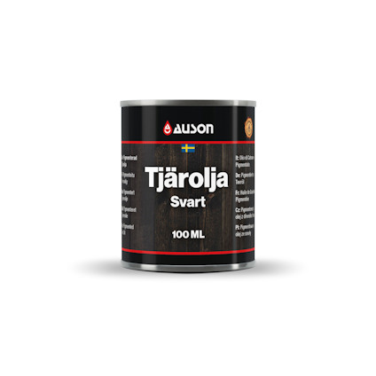 Tjäroljeburk från Auson med svart etikett och texten "Tjärolja Svart 100 ML".