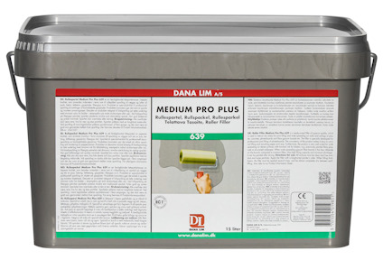 Grå hink med rött och grönt etikettmärke "DANA LIM MEDIUM PRO PLUS 639" samt bild av färgroller.