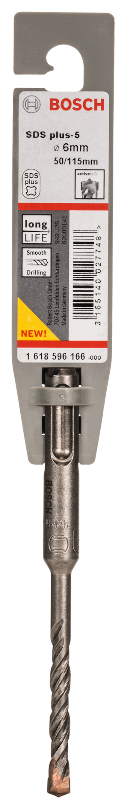 Bosch SDS plus-5 borr, 6 mm, 50/115 mm, i förpackning med text och streckkod.