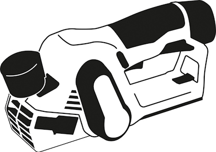 Illustration av en handhållen elektrisk slipmaskin med handtag och ventilationsgaller.