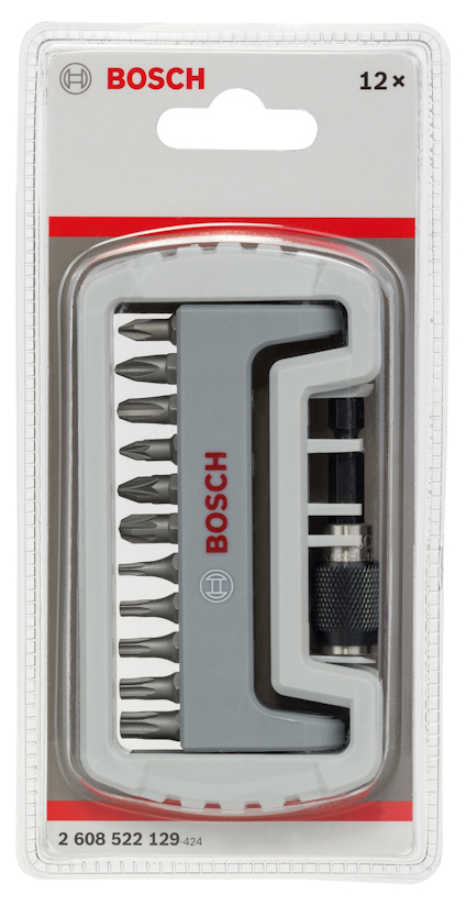 Förpackning med Bosch skruvbits (12 st) och hållare.