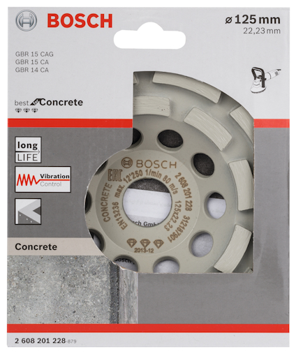125 mm Bosch diamantkapklinga för betong i förpackning, märkt "long life" och "vibration control".