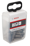 Förpackning med Bosch skruvbits, etikett med symboler, "25x", "2 608 522 272-424", genomskinlig låda med svart handtag.