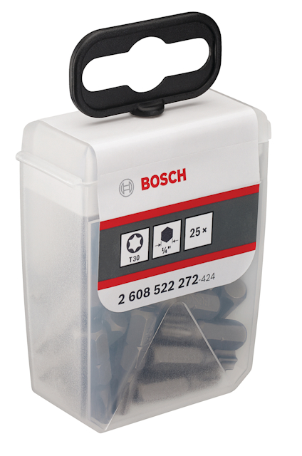 Förpackning med Bosch skruvbits, etikett med symboler, "25x", "2 608 522 272-424", genomskinlig låda med svart handtag.