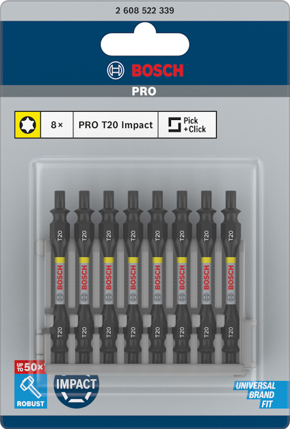 Förpackning med 10 Bosch PRO T20 Impact bits, svart med Bosch-logotyp och gula markeringar.