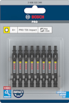 Förpackning med åtta Bosch PRO T25 Impact bits. Text: "Pick + Click", "Universal Brand Fit."