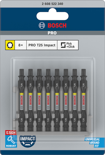 Förpackning med åtta Bosch PRO T25 Impact bits. Text: "Pick + Click", "Universal Brand Fit."