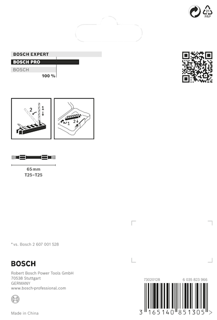 Förpackning för Bosch borrbits med streckkod, QR-kod och illustrationsbilder för användning. Tillverkad i Kina.