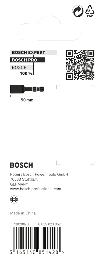 Förpackning med Bosch bit 50 mm, QR-kod, text om Bosch Expert och Bosch Pro, och streckkod längst ner.