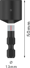 Svart hylsa med hexfäste, märkt "13" och "Bosch". Mått: 50 mm längd, 13 mm diameter.