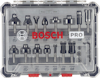 Förpackning med 15 olika Bosch Pro-överfräsar i transparent plastlåda med text "BOSCH PRO".