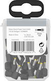 Förpackning med svarta skruvbits med gult band, 25 mm T20. Text inkluderar tillverkningsdetaljer och streckkod.