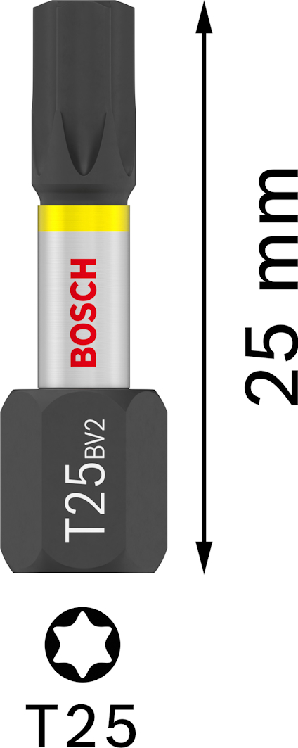 Torxskruvbits, märkt "T25", längd 25 mm, med texten "BOSCH" och "BV2".