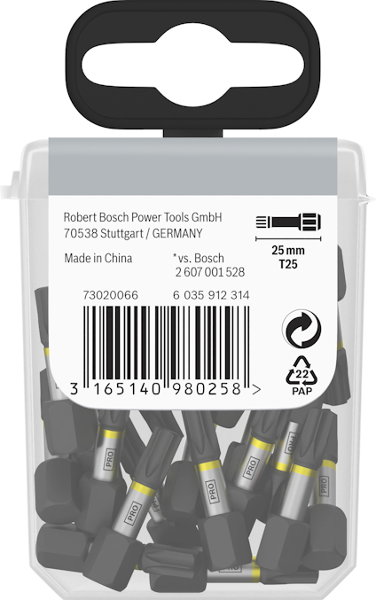 Plastförpackning med Bosch skruvbits, 25 mm T25. Text: "Robert Bosch Power Tools GmbH, Made in China." Streckkod synlig.