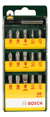 Förpackning med 16 Bosch bits; olika typer och storlekar av skruvbits med hållare.